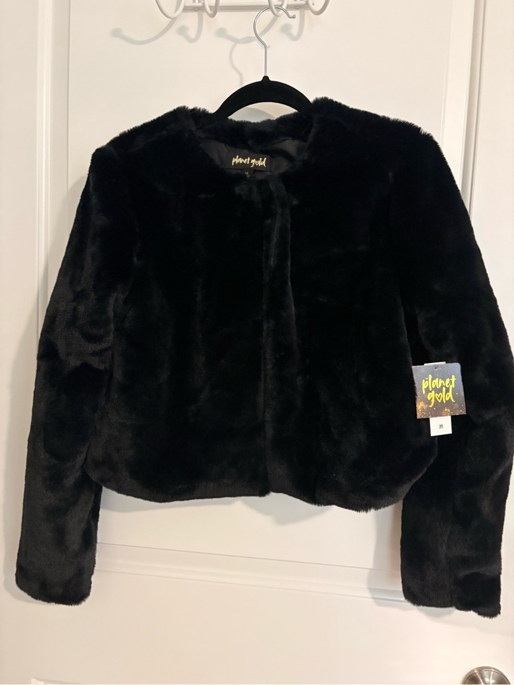 Planet Gold Teddy Bear Faux Fur Cropped Jacket